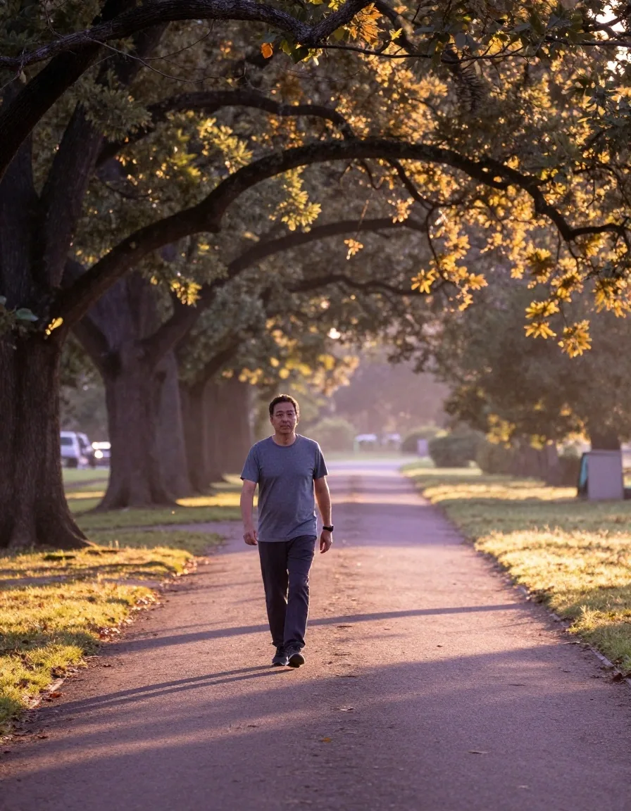 A man walking on a morning path, illustrating daily movement as part of a healthy lifestyle